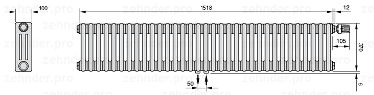 Схема (чертеж) Радиатор Zehnder Charleston 3037/33 №V008 Белый глянцевый RAL 9016